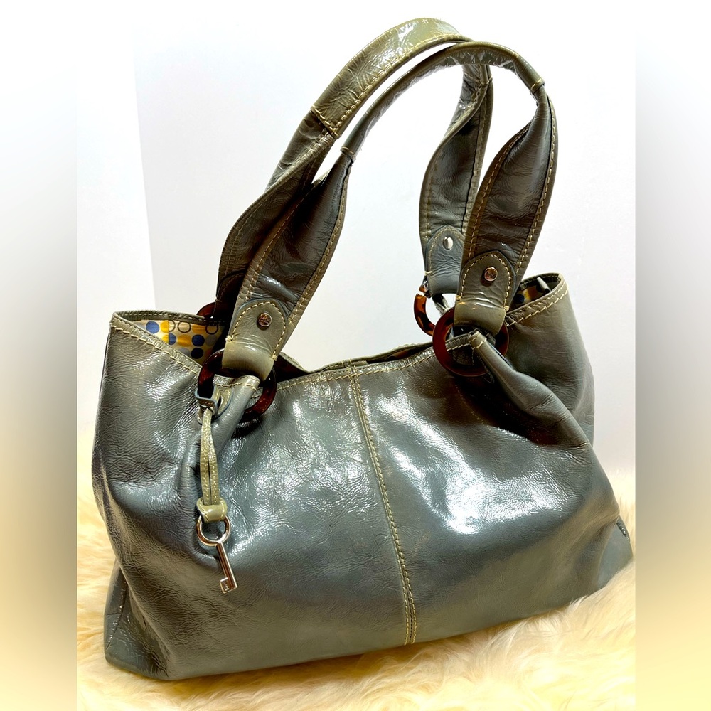 Fossil Genuine Patent Leather Sage Green Tortoise Acrylic Hoops key Hobo Bag